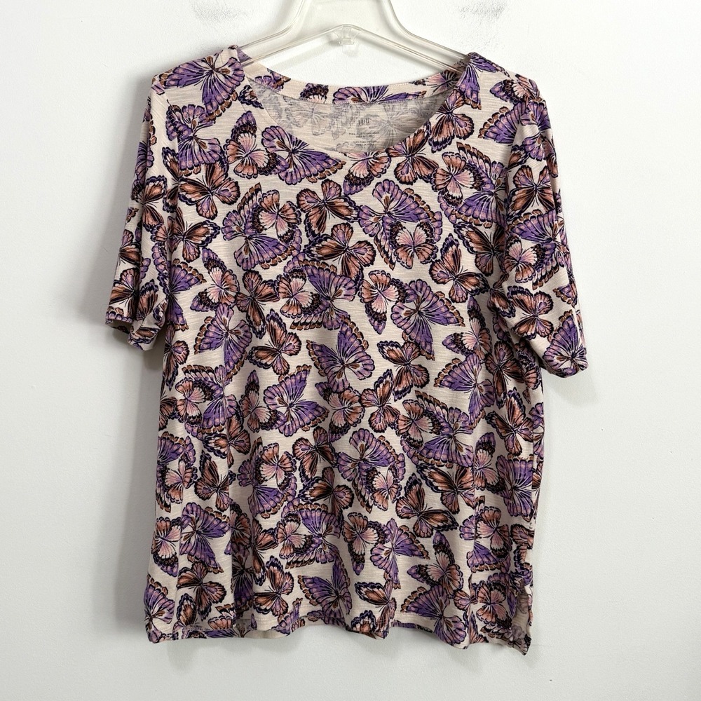 J Jill Pima Slub Scoop Side Slit Tee Knit Top L Butterflies Short Sleeve Spring